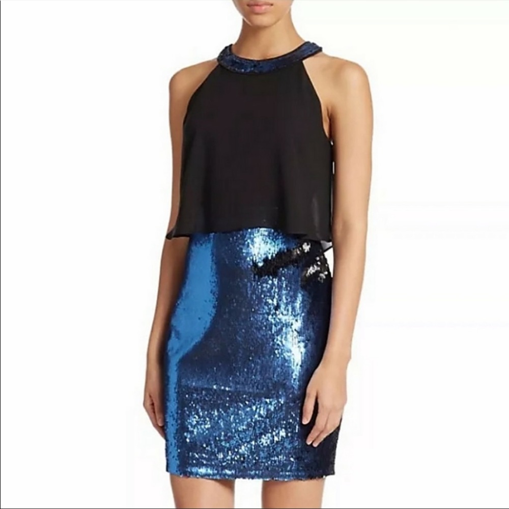 GUESS BLUE & BLACK COBALT SEQUIN HALTER DRESS EXCELLENT CONDITION (6)
